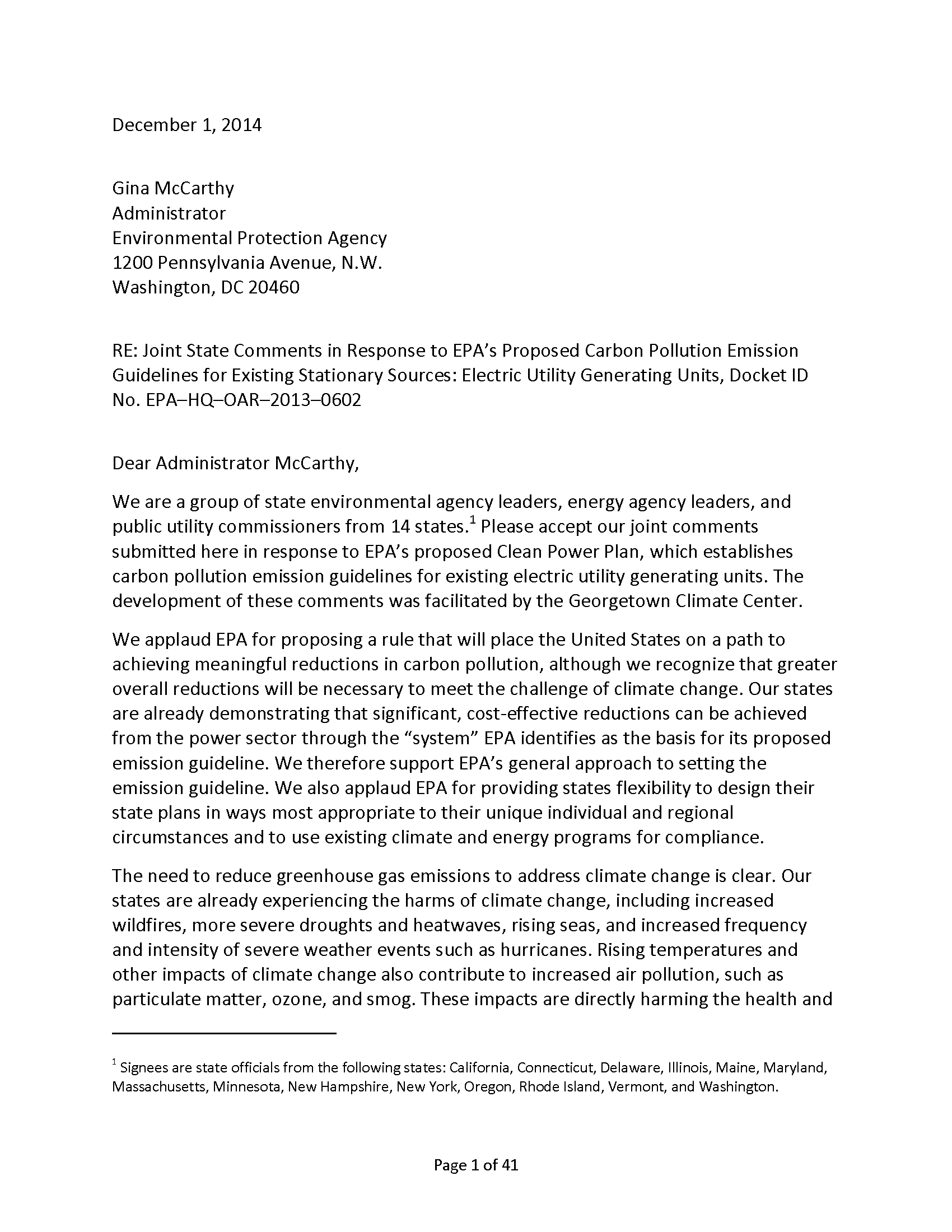 States Voice Strong Support for EPA’s Proposed Clean Power Plan